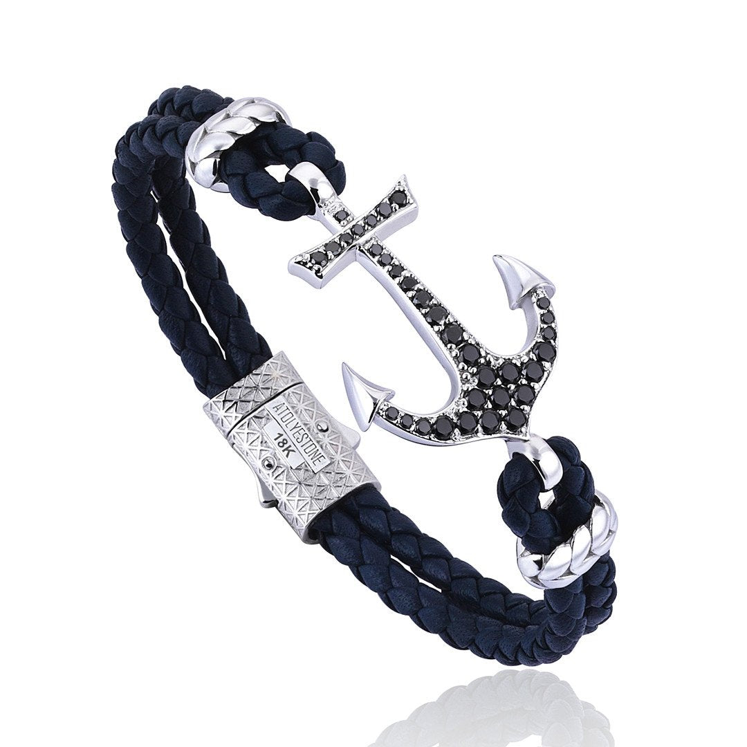 Anchor Leather Bracelet - Solid White Gold- Leather Bracelets- ATOLYESTONE- aststaj
