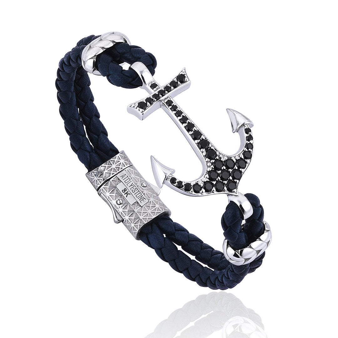 Anchor Leather Bracelet - Solid White Gold- Leather Bracelets- ATOLYESTONE- aststaj