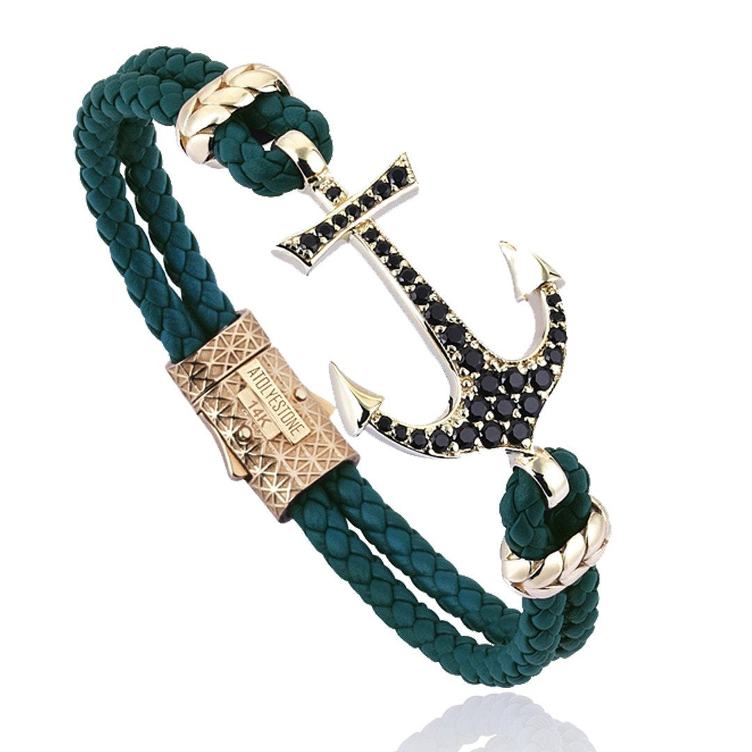 Anchor Leather Bracelet - Solid Yellow Gold- Leather Bracelets- ATOLYESTONE- aststaj