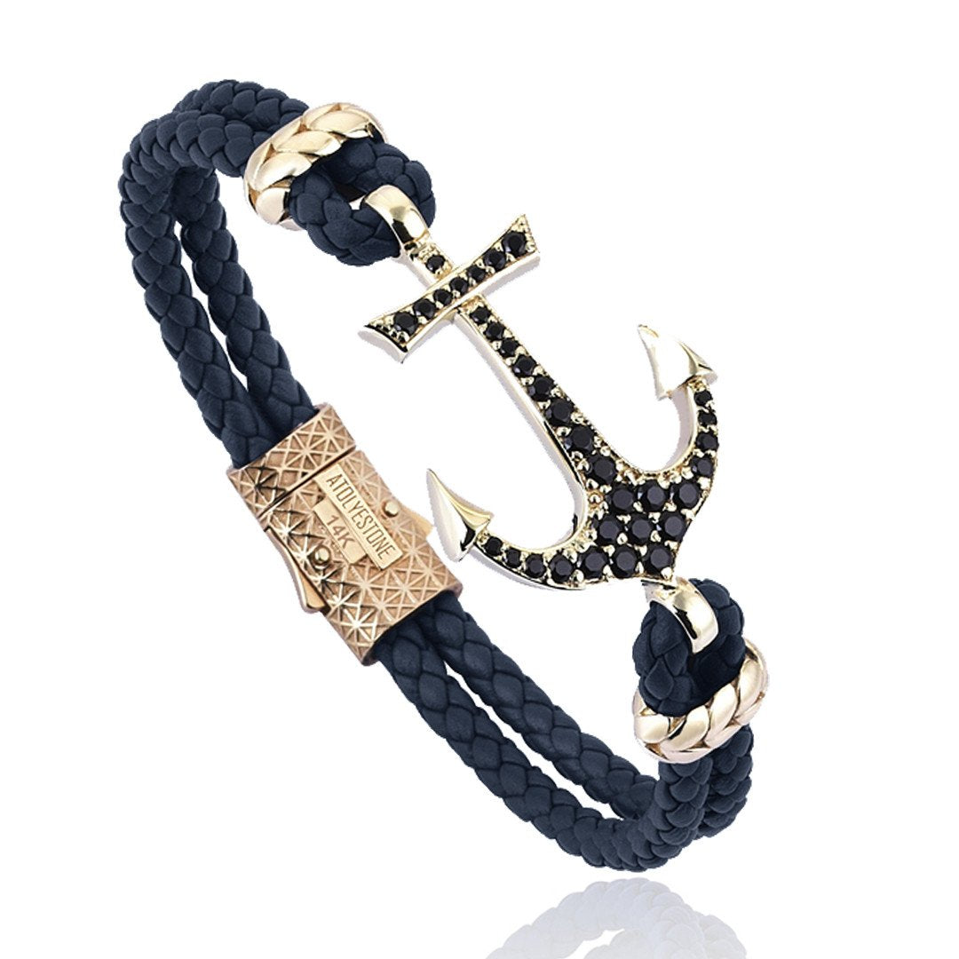Anchor Leather Bracelet - Solid Yellow Gold- Leather Bracelets- ATOLYESTONE- aststaj