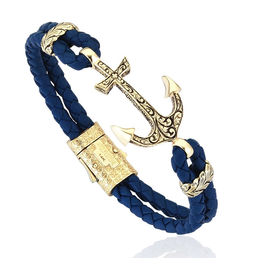 Classic Anchor Leather Bracelet - Solid Yellow Gold- Leather Bracelets- ATOLYESTONE- aststaj