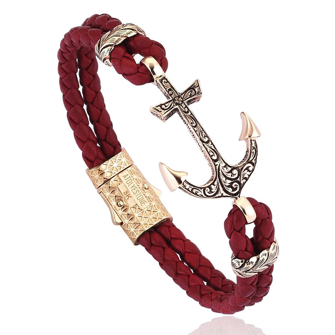 Classic Anchor Leather Bracelet - Solid Rose Gold- Leather Bracelets- ATOLYESTONE- aststaj