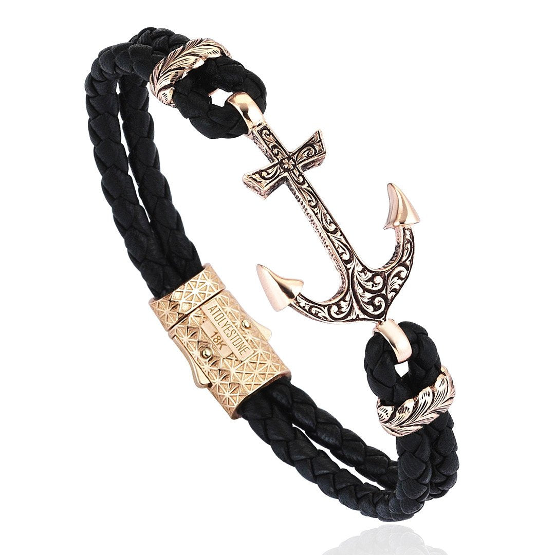 Classic Anchor Leather Bracelet - Solid Rose Gold- Leather Bracelets- ATOLYESTONE- aststaj