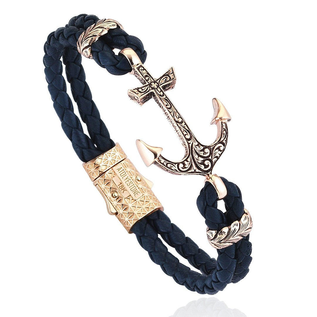 Classic Anchor Leather Bracelet - Solid Rose Gold- Leather Bracelets- ATOLYESTONE- aststaj