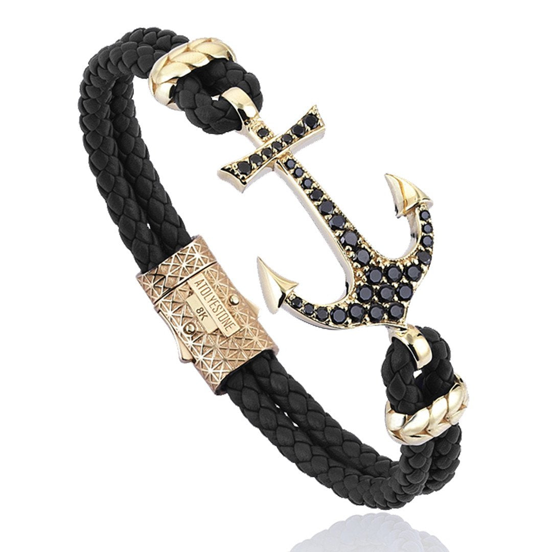 Anchor Leather Bracelet - Solid Yellow Gold- Leather Bracelets- ATOLYESTONE- aststaj