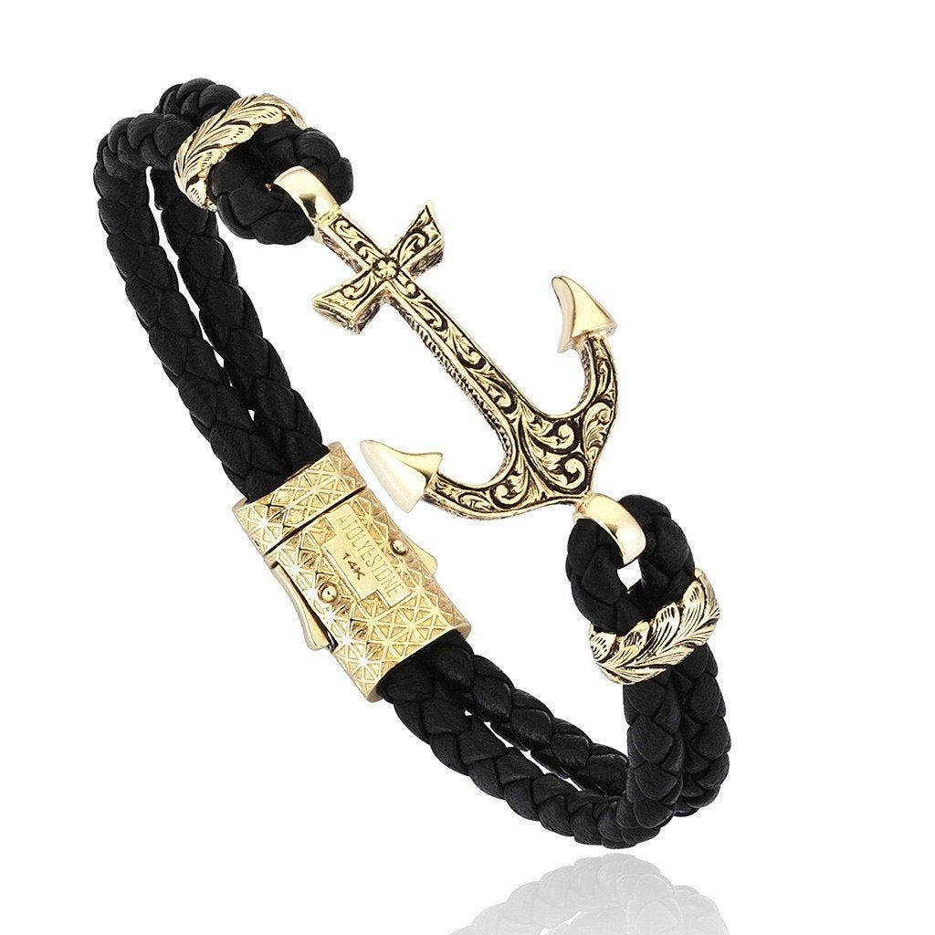 Classic Anchor Leather Bracelet - Solid Yellow Gold- Leather Bracelets- ATOLYESTONE- aststaj