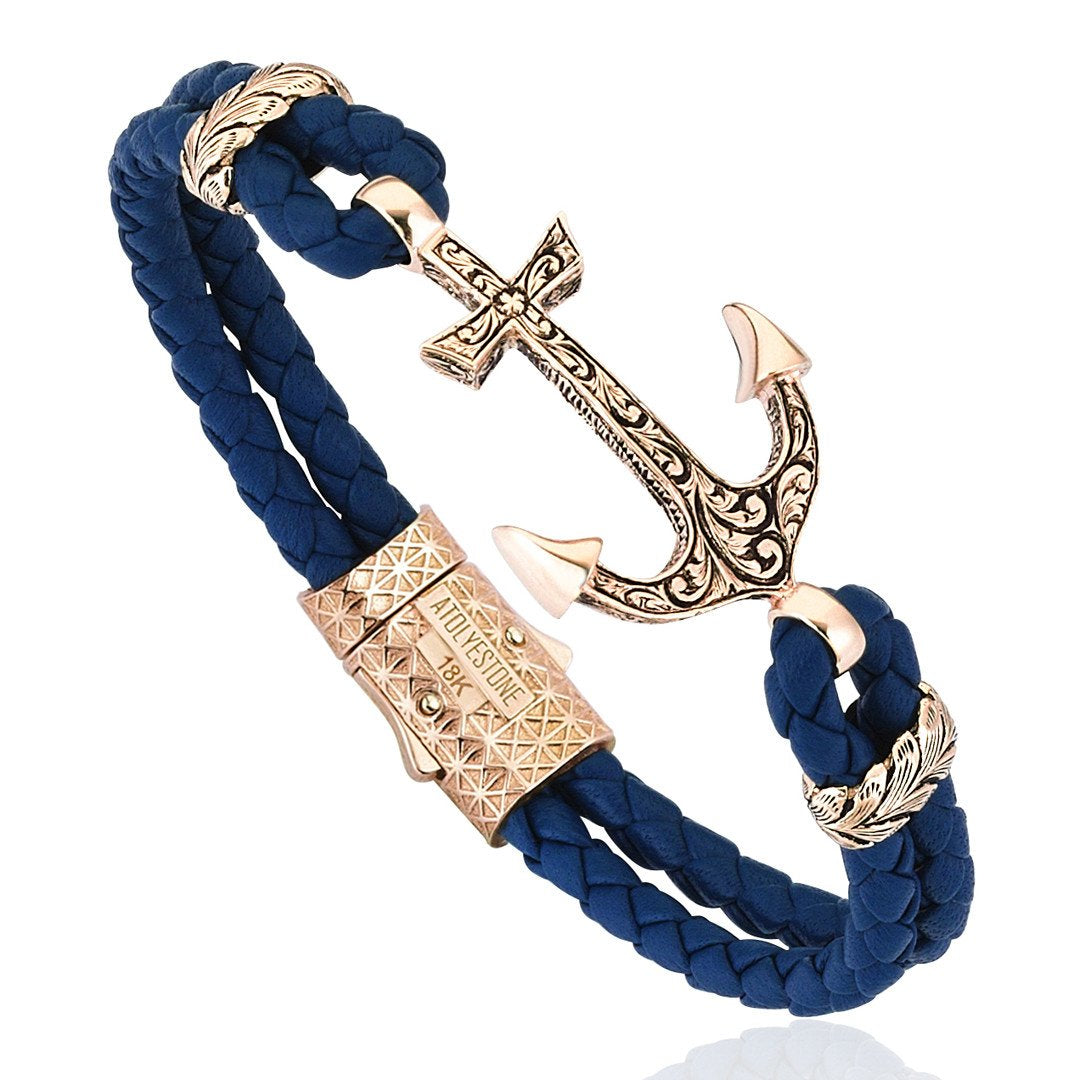Classic Anchor Leather Bracelet - Solid Rose Gold- Leather Bracelets- ATOLYESTONE- aststaj