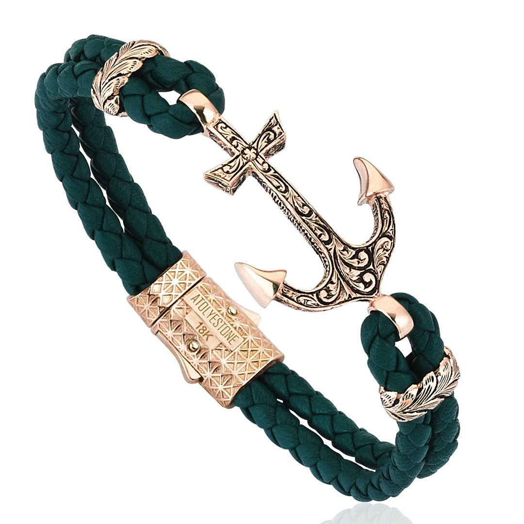 Classic Anchor Leather Bracelet - Solid Rose Gold- Leather Bracelets- ATOLYESTONE- aststaj