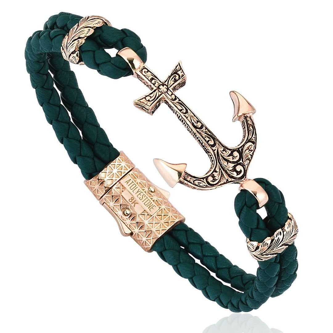 Classic Anchor Leather Bracelet - Solid Rose Gold- Leather Bracelets- ATOLYESTONE- aststaj