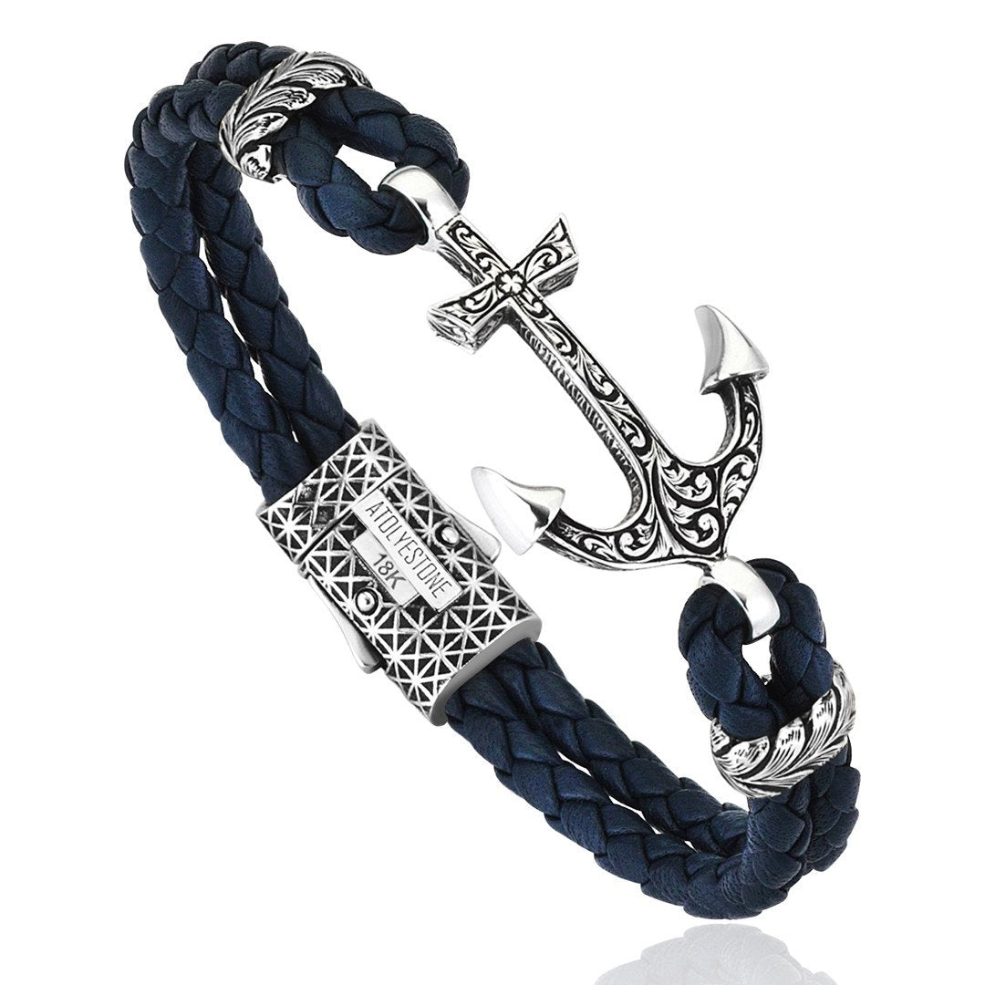 Classic Anchor Leather Bracelet - Solid White Gold- Leather Bracelets- ATOLYESTONE- aststaj