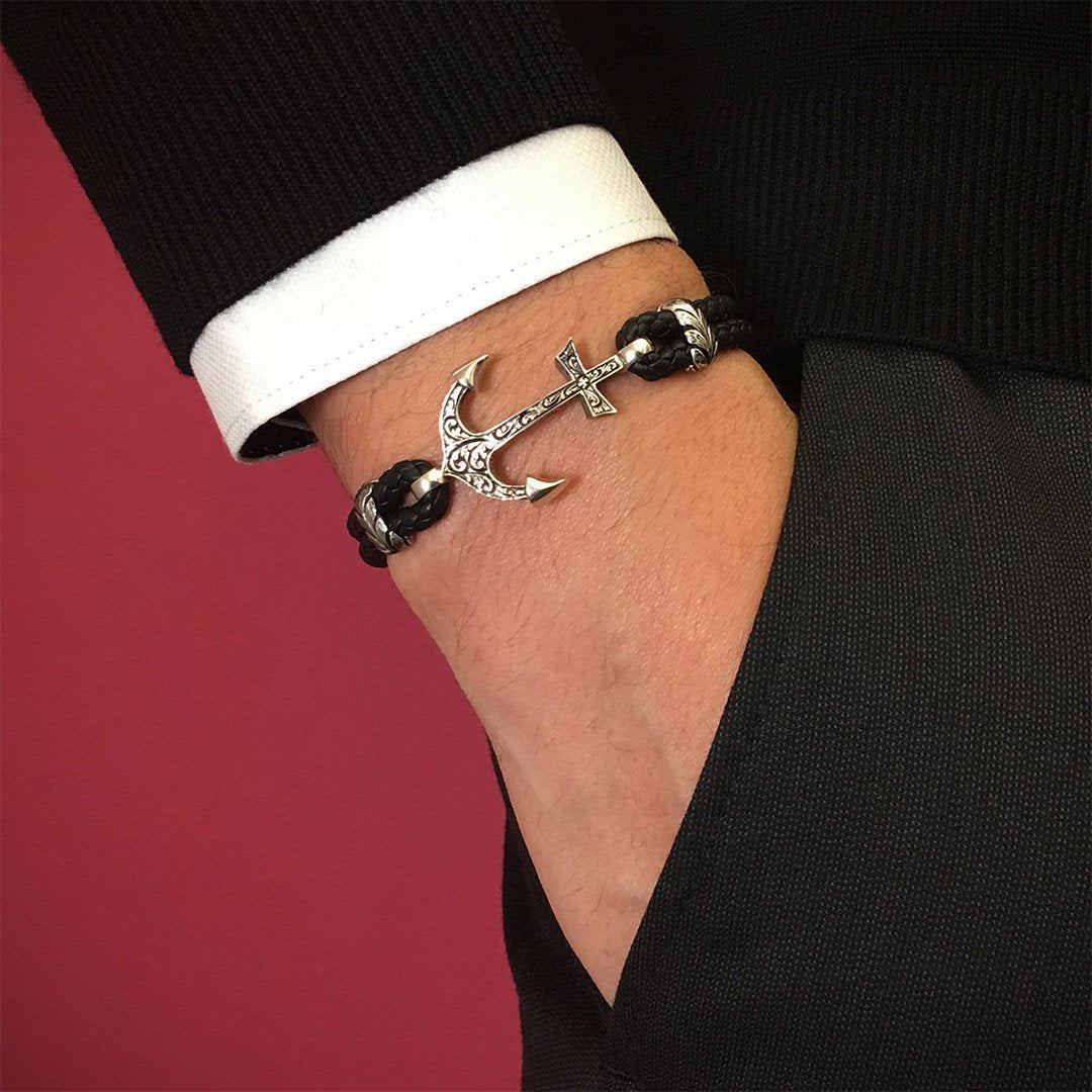 Classic Anchor Leather Bracelet - Solid White Gold- Leather Bracelets- ATOLYESTONE- aststaj
