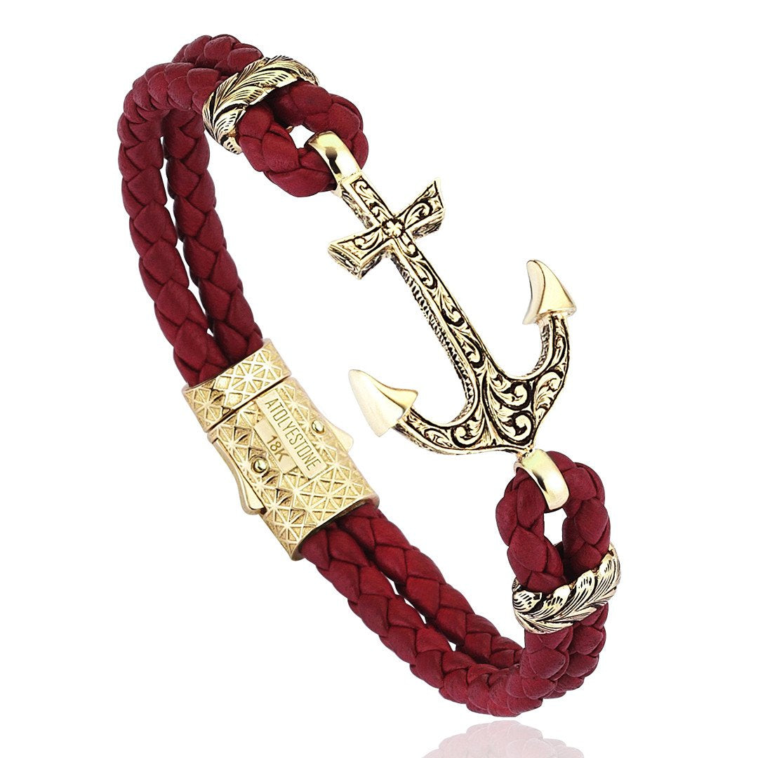 Classic Anchor Leather Bracelet - Solid Yellow Gold- Leather Bracelets- ATOLYESTONE- aststaj