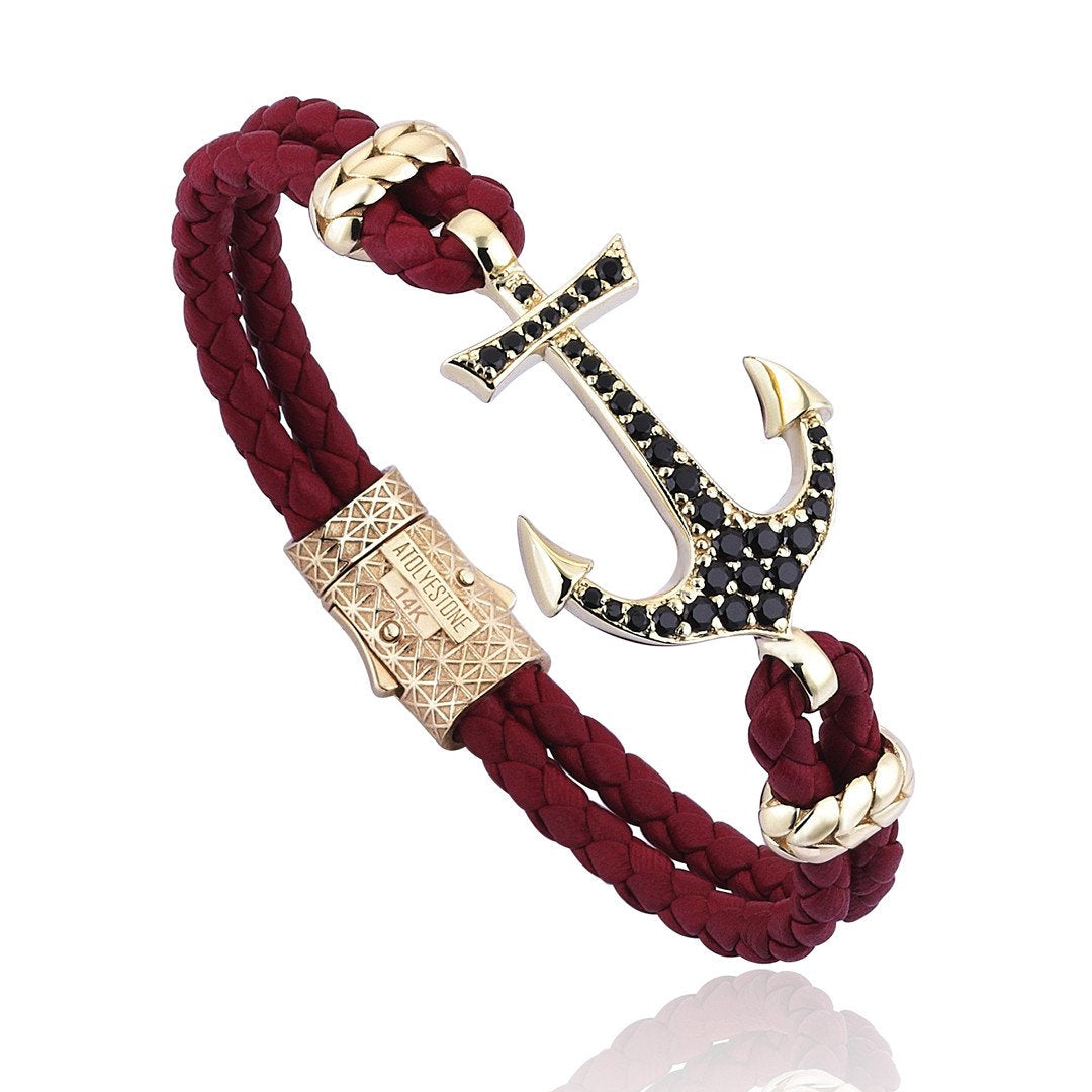 Anchor Leather Bracelet - Solid Yellow Gold- Leather Bracelets- ATOLYESTONE- aststaj