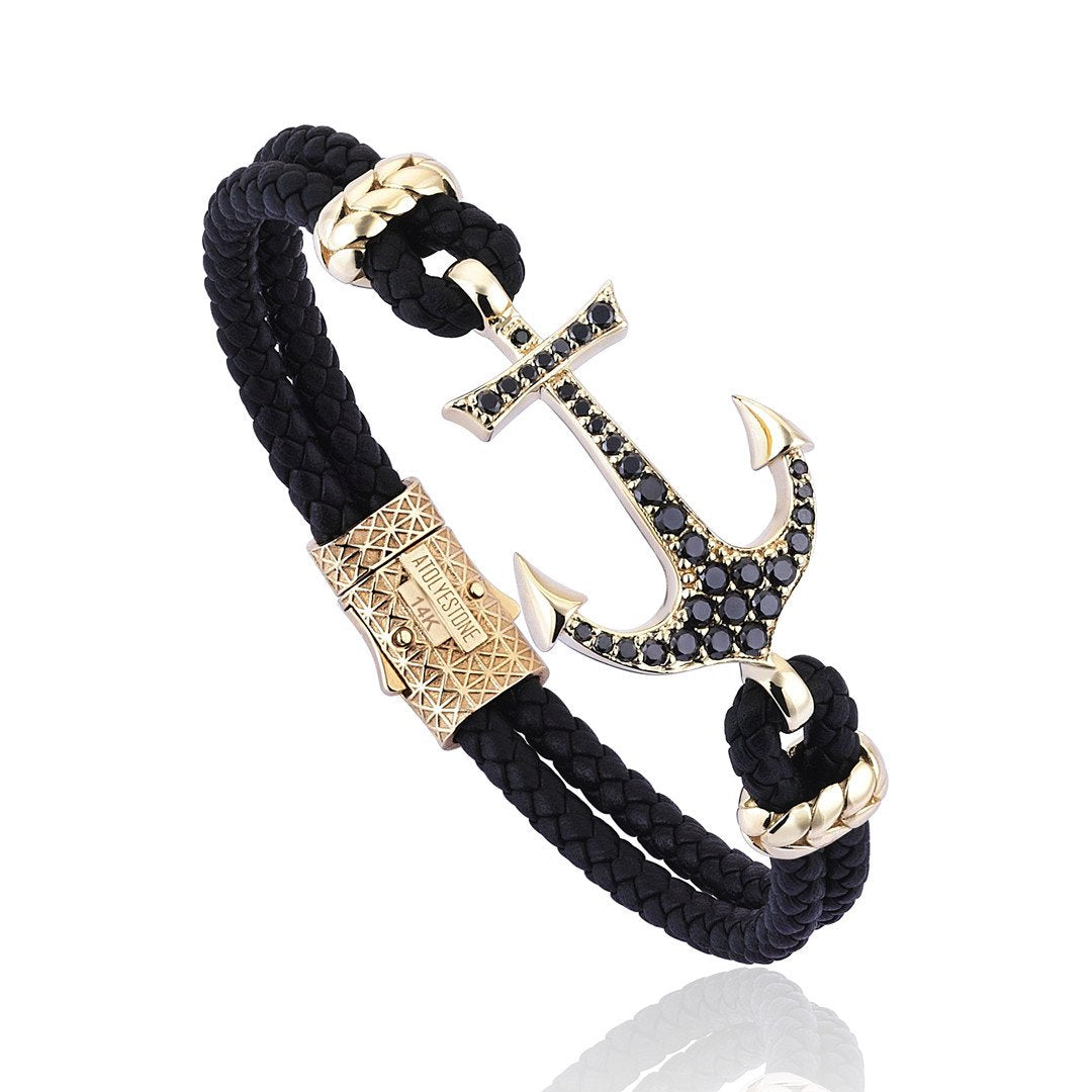 Anchor Leather Bracelet - Solid Yellow Gold- Leather Bracelets- ATOLYESTONE- aststaj