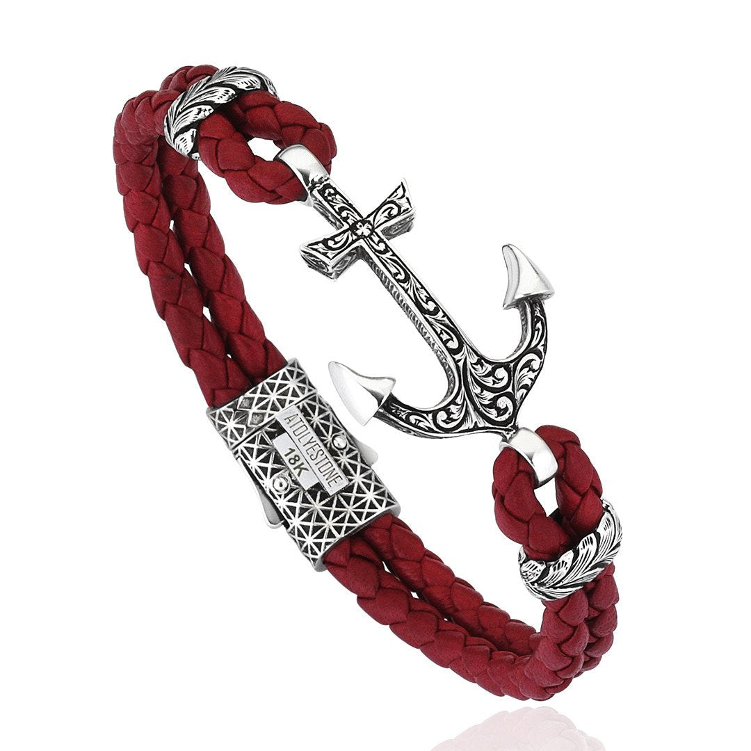  Classic Anchor Leather Bracelet - Solid White Gold- Leather Bracelets- ATOLYESTONE- aststaj