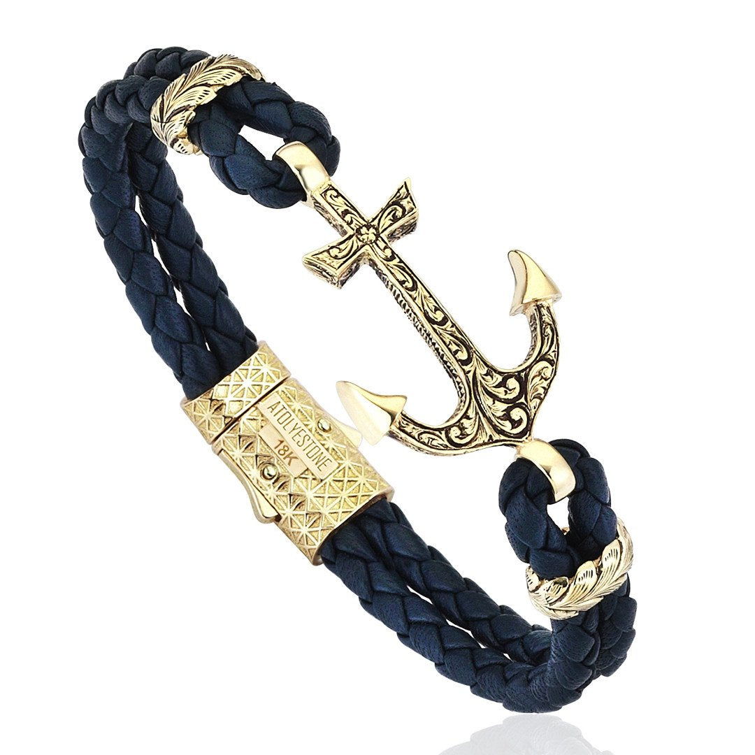 Classic Anchor Leather Bracelet - Solid Yellow Gold- Leather Bracelets- ATOLYESTONE- aststaj