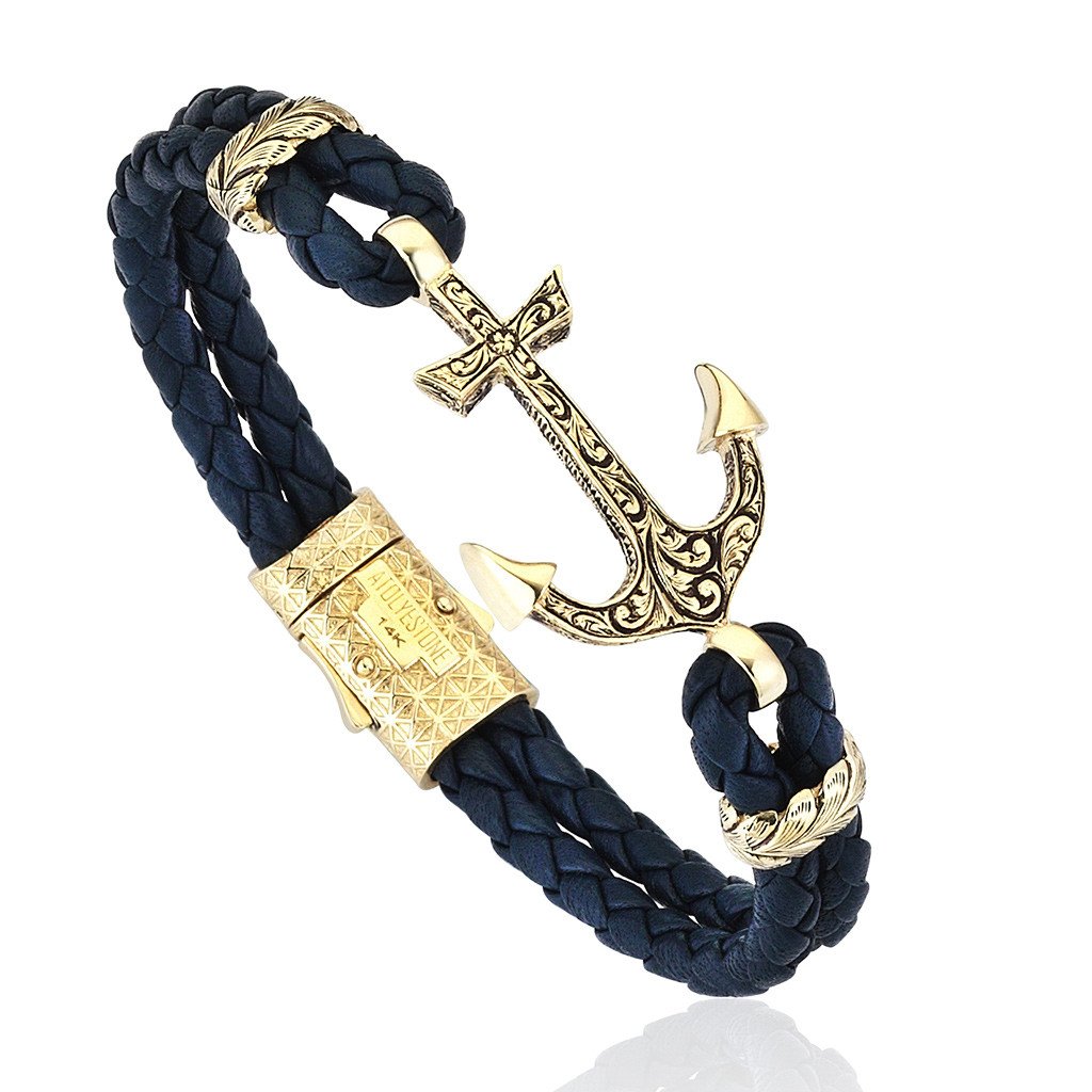  Classic Anchor Leather Bracelet - Solid Yellow Gold- Leather Bracelets- ATOLYESTONE- aststaj
