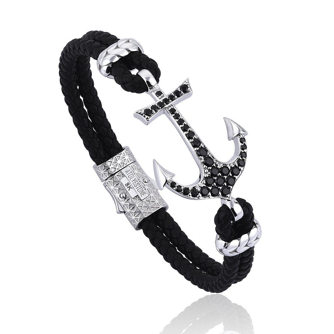 Anchor Leather Bracelet - Solid White Gold- Leather Bracelets- ATOLYESTONE- aststaj