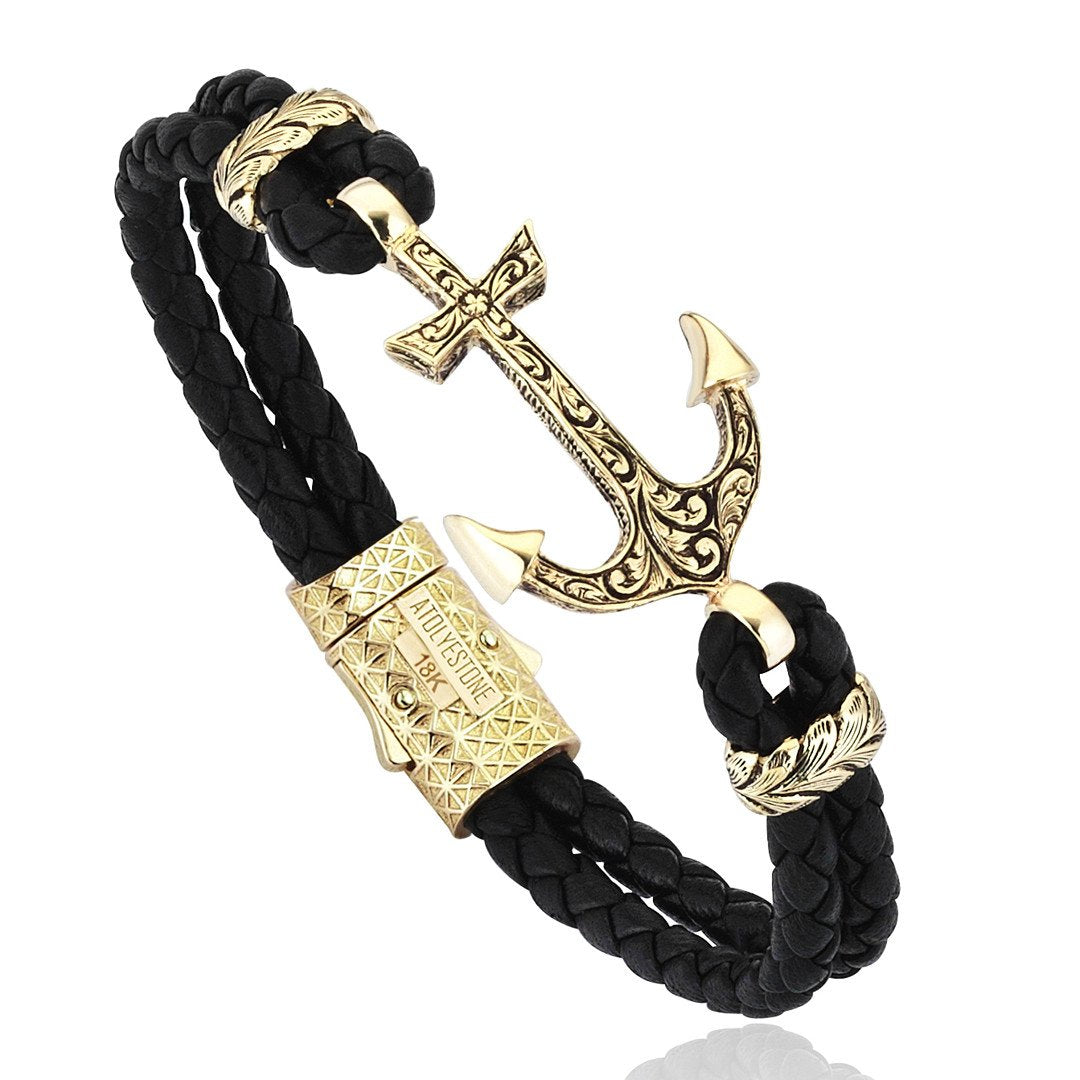  Classic Anchor Leather Bracelet - Solid Yellow Gold- Leather Bracelets- ATOLYESTONE- aststaj