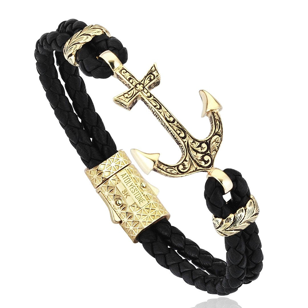  Classic Anchor Leather Bracelet - Solid Yellow Gold- Leather Bracelets- ATOLYESTONE- aststaj