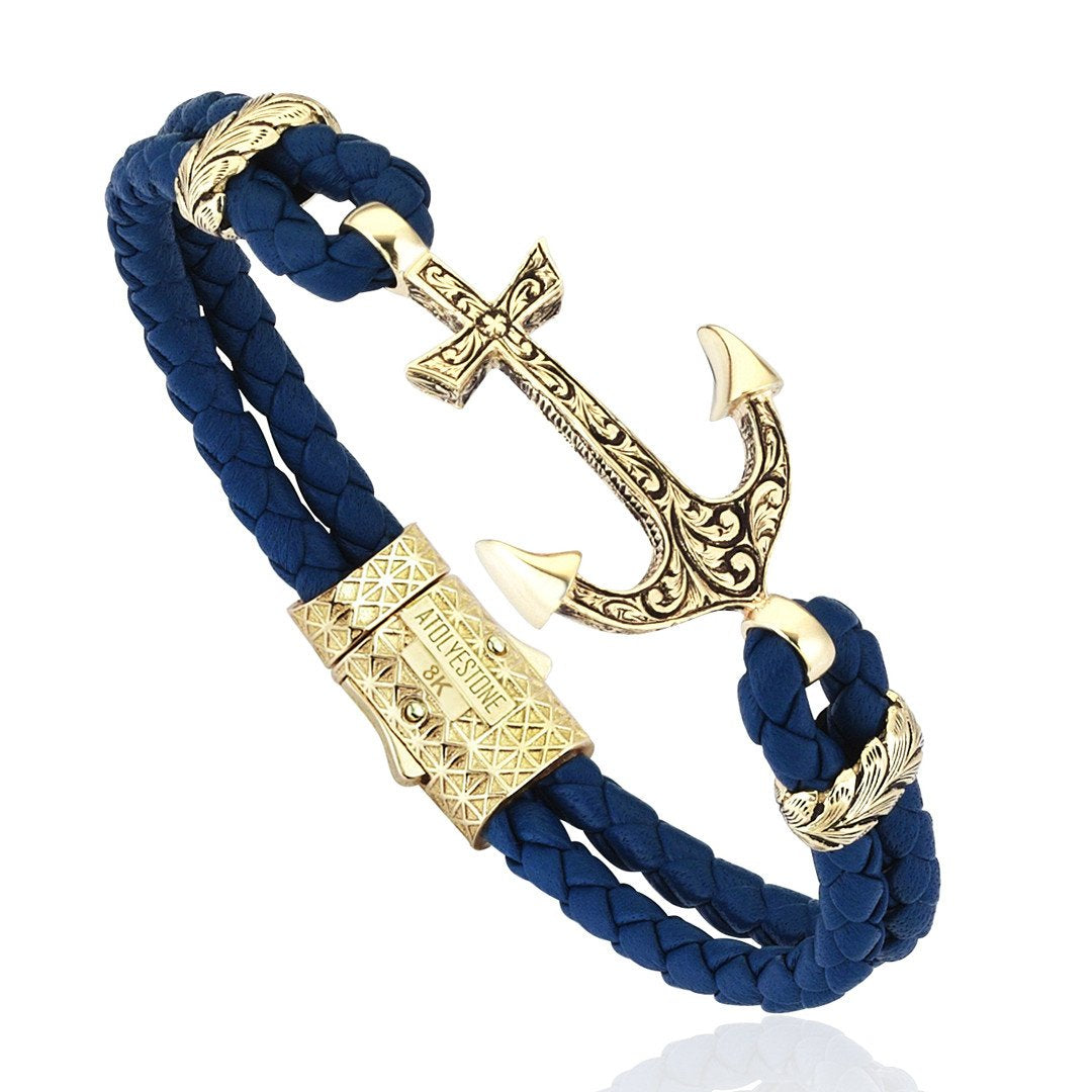  Classic Anchor Leather Bracelet - Solid Yellow Gold- Leather Bracelets- ATOLYESTONE- aststaj