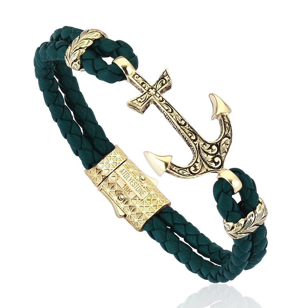  Classic Anchor Leather Bracelet - Solid Yellow Gold- Leather Bracelets- ATOLYESTONE- aststaj