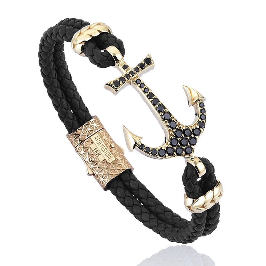  Anchor Leather Bracelet - Solid Yellow Gold- Leather Bracelets- ATOLYESTONE- aststaj