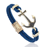  Anchor Leather Bracelet - Solid Yellow Gold- Leather Bracelets- ATOLYESTONE- aststaj