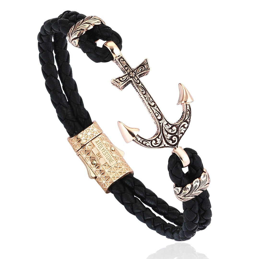  Classic Anchor Leather Bracelet - Solid Rose Gold- Leather Bracelets- ATOLYESTONE- aststaj