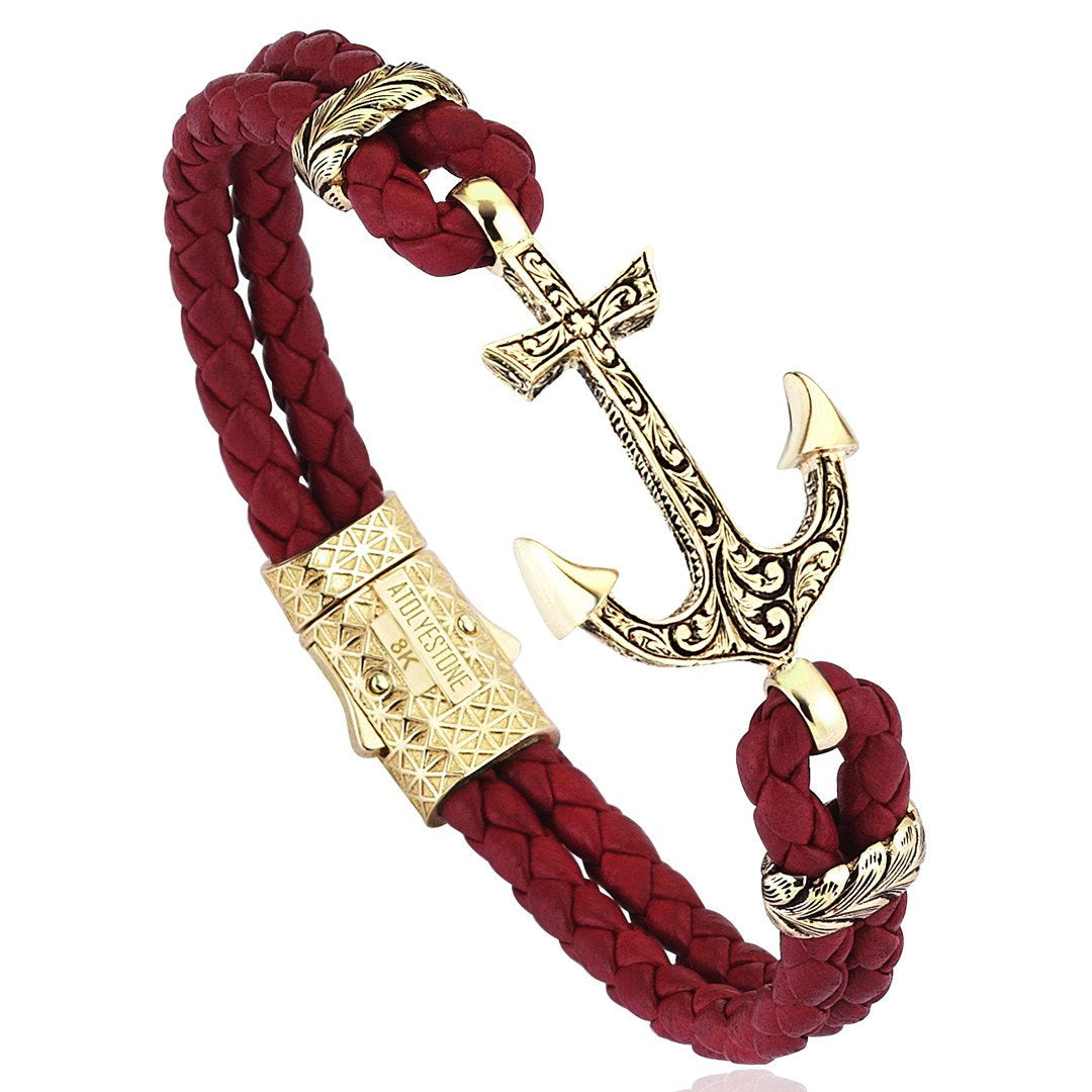  Classic Anchor Leather Bracelet - Solid Yellow Gold- Leather Bracelets- ATOLYESTONE- aststaj