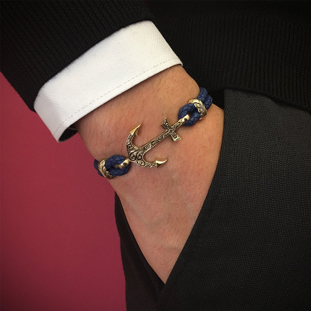  Classic Anchor Leather Bracelet - Solid Yellow Gold- Leather Bracelets- ATOLYESTONE- aststaj