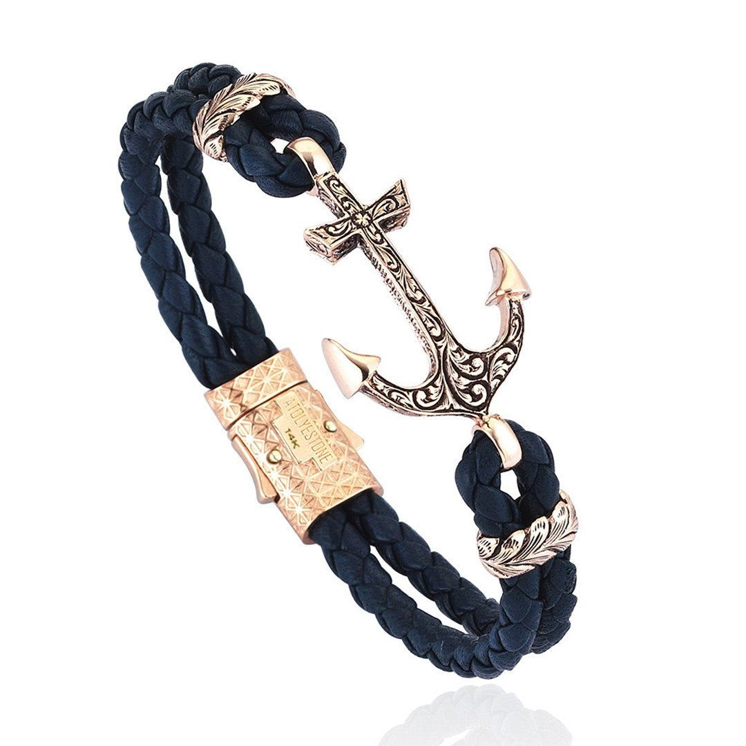  Classic Anchor Leather Bracelet - Solid Rose Gold- Leather Bracelets- ATOLYESTONE- aststaj