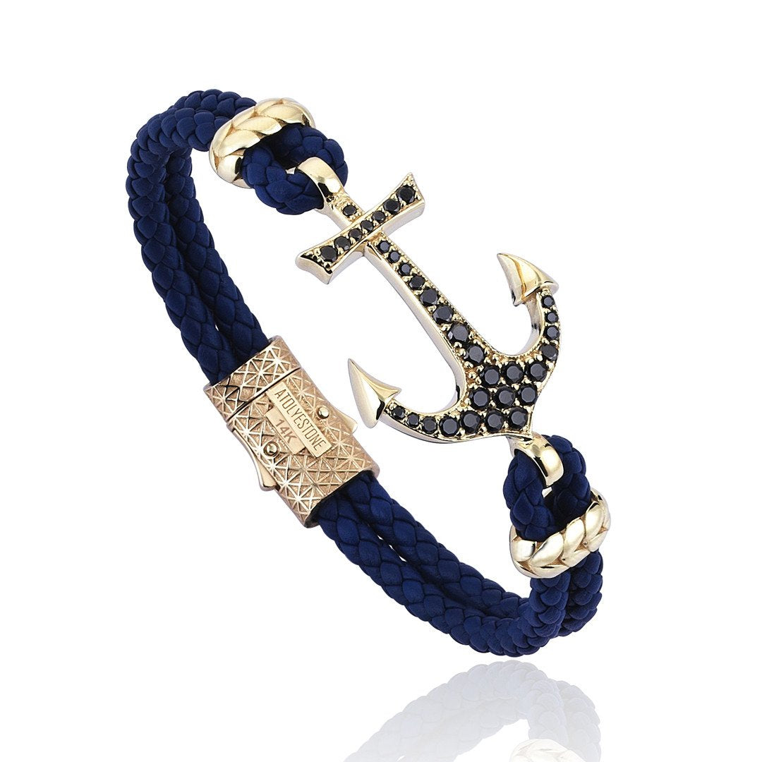  Anchor Leather Bracelet - Solid Yellow Gold- Leather Bracelets- ATOLYESTONE- aststaj