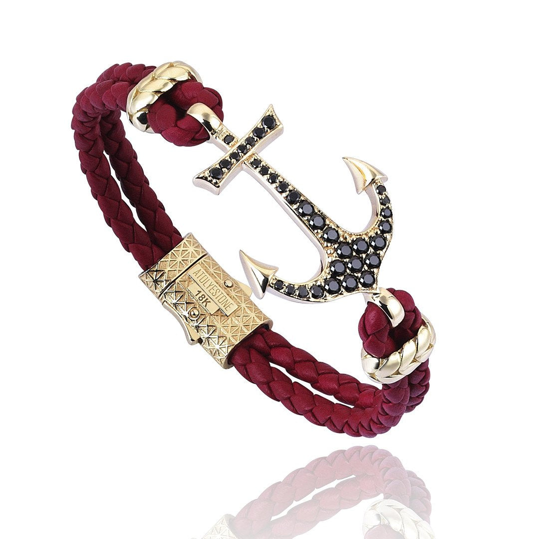  Anchor Leather Bracelet - Solid Yellow Gold- Leather Bracelets- ATOLYESTONE- aststaj