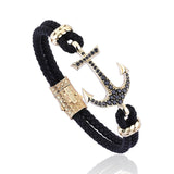  Anchor Leather Bracelet - Solid Yellow Gold- Leather Bracelets- ATOLYESTONE- aststaj